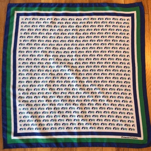 Vintage Blue, Green, White Princess Cruise Line Square Mod Print Fashion Scarf - Picture 10 of 16